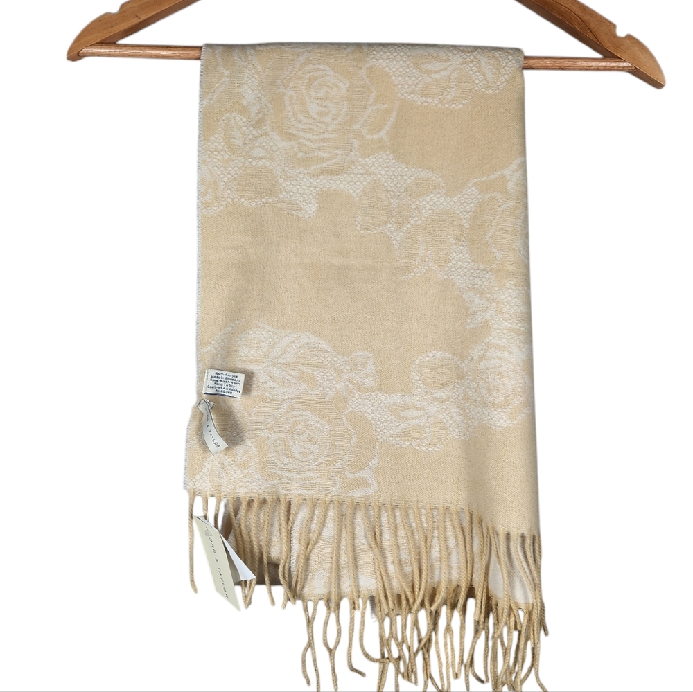 Lord &Taylor NWT Scarf Made In Germany Floral Soft Acrylic Ivory Tan 64" Length